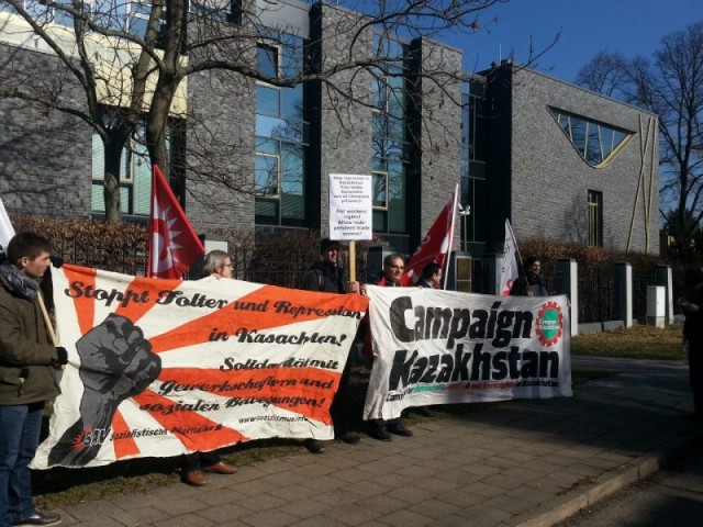 CampaignKazakhstan protest on march 4 2013 in Berlin, blocking the embassy entrance